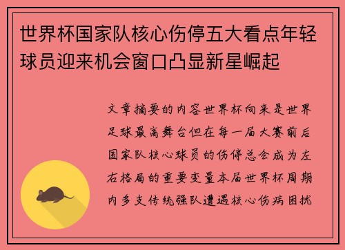 世界杯国家队核心伤停五大看点年轻球员迎来机会窗口凸显新星崛起