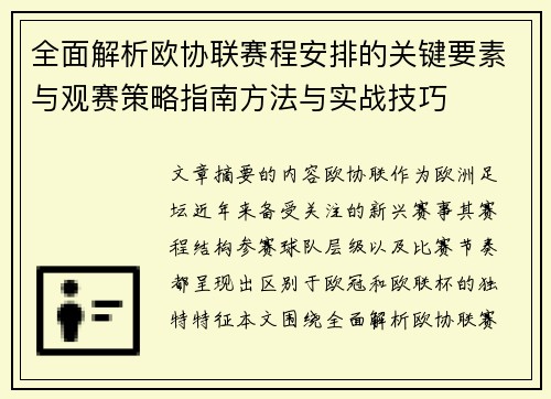 全面解析欧协联赛程安排的关键要素与观赛策略指南方法与实战技巧